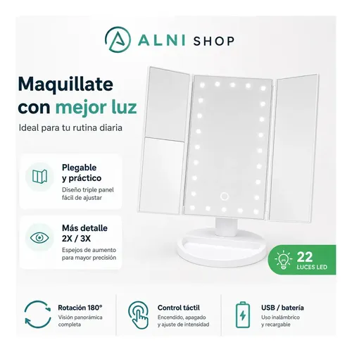 Espejo Maquillaje Luz Led Giratorio 22 Led Aumento Usb Pila