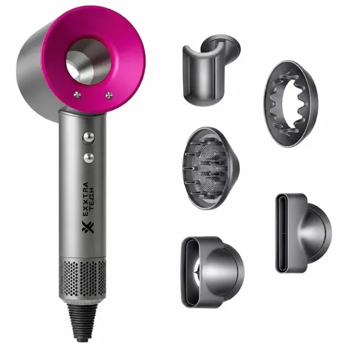 Secador de Pelo Profesional Exxtra Tech con 5 Boquillas Magnéticas y Soporte de Pared, 2000W Iónico Color Fucsia