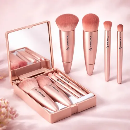 Set X5 Brochas Y Pinceles Maquillaje Profesional Sintéticos Con Estuche Espejo Rosa Dehuka
