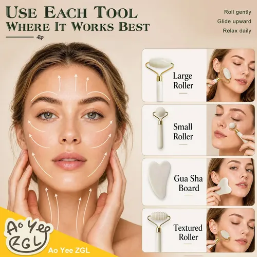 Set Masajeador Facial Jade Roller Gua Sha 3 Piezas Blanco