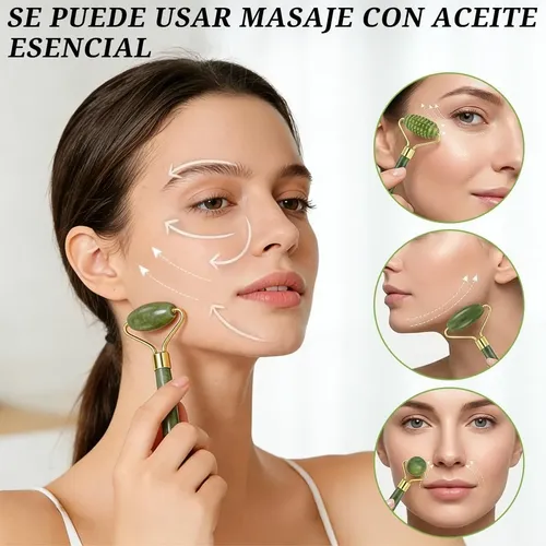Set De 3 Masajeadores De Jade, Rodillo Facial Y Cuarzo
