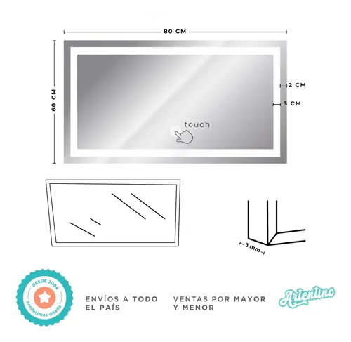 Espejo Led Pared Touch Rectangular Guarda Esmerilada 80x60cm