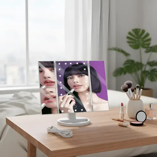 Espejo Tríptico Con Luz Led Y Aumento Para Maquillaje E