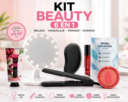 Kit Belleza 6 En 1 Espejo Led Planchita Maquillaje