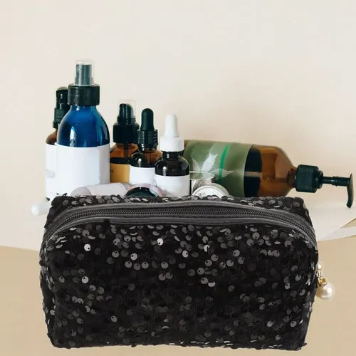 Cw Bolsa De Maquillaje Con Purpurina Negra Y Lentejuelas