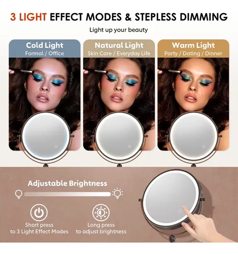 Espejo De Maquillaje Imikona 9” Pared Luz Led 1x 10x Bronce