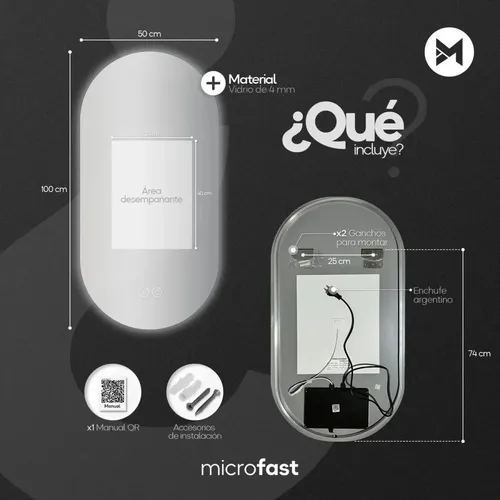 Espejo Luz Led Touch/Táctil Inteligente Baño Premium Desempañante Fría/Cálida/Neutra Ovalado Moderno 50x100cm Regulación de Brillo Borde