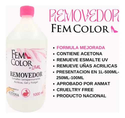 Removedor C/ Acetona Esmalte Uv Acrilico Gel Femcolor 500 Ml
