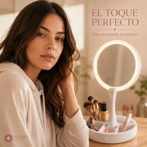 Espejo De Maquillaje Led Redondo Con Base Organizadora Luz