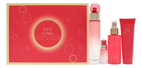 Set De Regalo 4 Pzs Coral Perry Ellis Para Mujer, Edt 3.4 Oz, Body Mist 4 Oz, Gel De Ducha 3 Oz, Edt 0.25 Oz