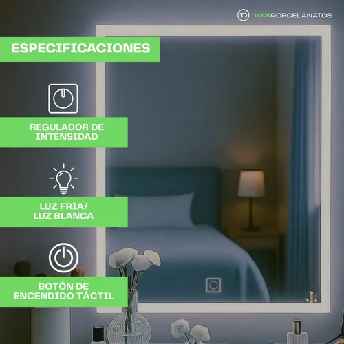 Espejo Rectangular Luz Led Botón Táctil 60×80