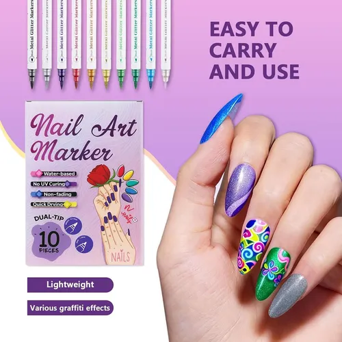 Set 10 Colores Glitter Para Uñas 3d Con Doble Punta