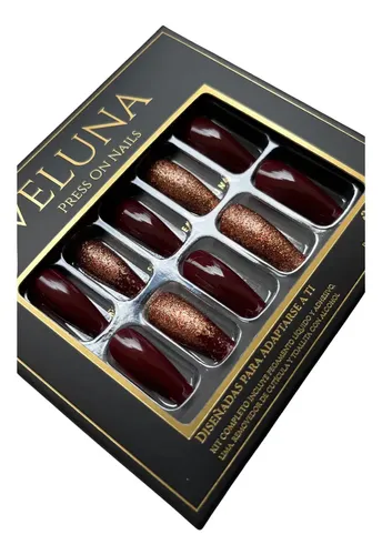 Uñas Press On Nails Veluna Reutilizables Diseños Variados Color Copper Wine