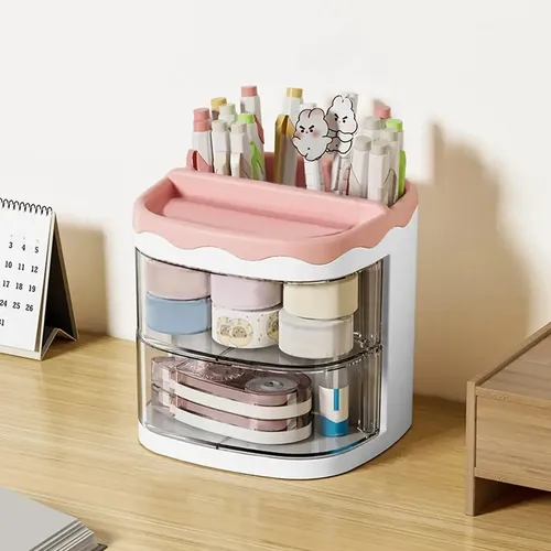 Organizador De Maquillaje Cremas Escritorio Rosa, Porta Lápices Y Papelería, Con 2 Cajones Multifuncional, Ideal Para Decoración Aesthetic, Almacenamiento Tierno Y Viral Levys Bazar