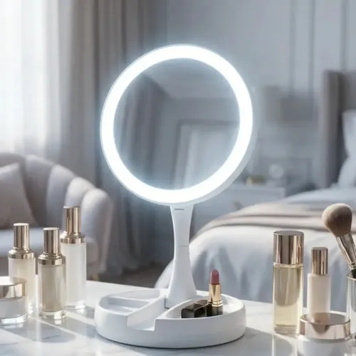 Espejo De Maquillaje Redondo Plegable Aitech Usb Pila Blanco Redondo Recargable Portatil Rotacion Ajustable Tactil Luz Fria Calida Tocador Viaje Profesional Base Estable