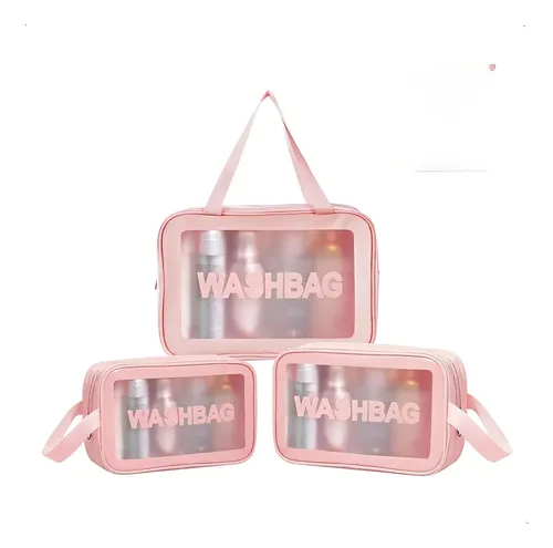 Neceser de 3 Carmela Transparente Rosa para Maquillaje y Artículos de Aseo