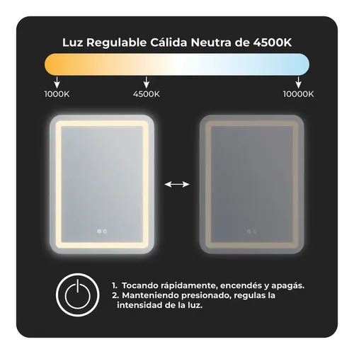 Espejo Led Vertical Marco Baño Luz Táctil Desempañante 60×80