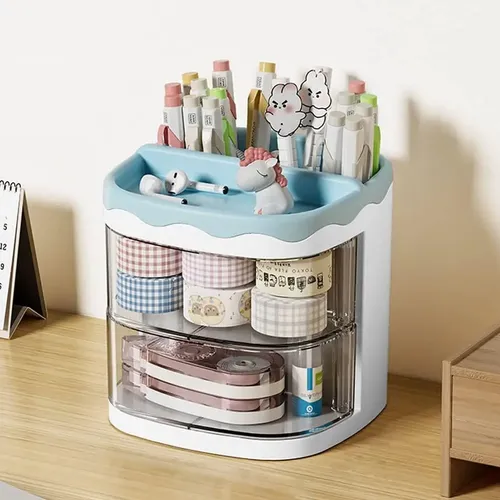 Organizador De Maquillaje Cremas Escritorio, Porta Lápices Y Papelería, Con 2 Cajones Multifuncional, Ideal Para Decoración Aesthetic, Almacenamiento Tierno Y Viral Levys Bazar