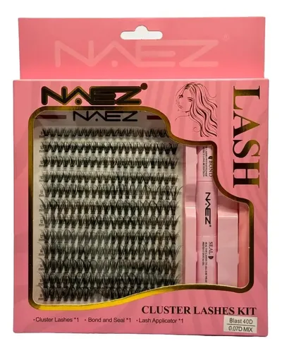 Pestañas Clúster Postizas Con Kit De Aplicación Naez Lash Negro Blast 40d 0.07 Largos Mix