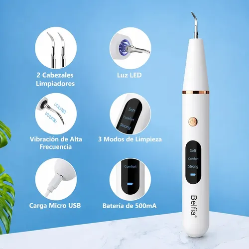Removedor De Sarro Ultrasónico Belfia Limpieza Dental Profesional Kit Completo Recargable USB Con 2 Puntas 2 espejos Luz LED