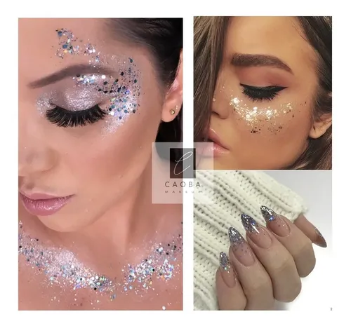 Combo Maquillaje Sombras Fluor Glitter Strass Delineador