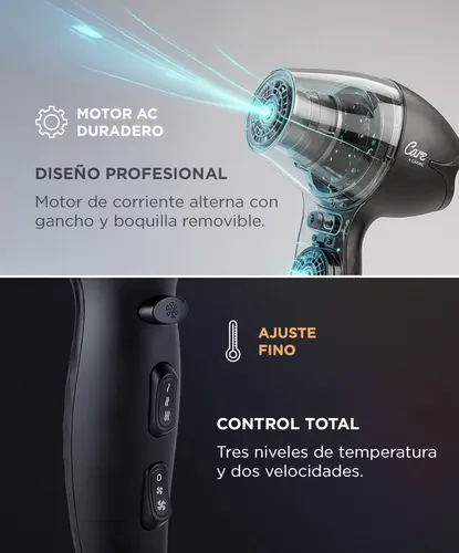 Secador de Pelo Care By Gadnic S2400 PRO 2050W Tecnología Cerámica 3 Temperaturas Cabezal Removible Iones Negativos