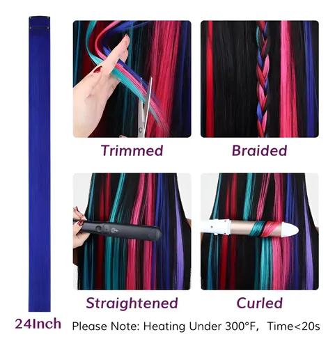 Extensiones De Cabello Mechas Azules 60cm Con Clip 12u Azul