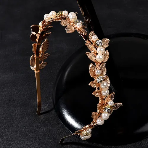 Diadema De Perlas Con Hojas Y Cristales Para Novia Rose Gold With White Pearls
