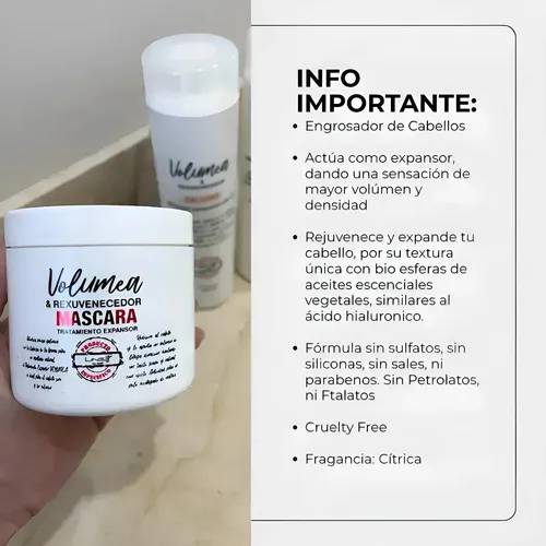 Máscara Acondicionadora Volumea otorga Volúmen (efecto redensificante engrosador) para Cabellos Finos mientras rejuvenece la fibra capilar, producto profesional, Pote x 250Mls LineUp