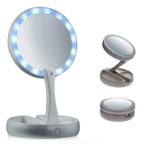 Espejo Led Maquillaje Redondo Doble Plegable Pilas 220 Zoom