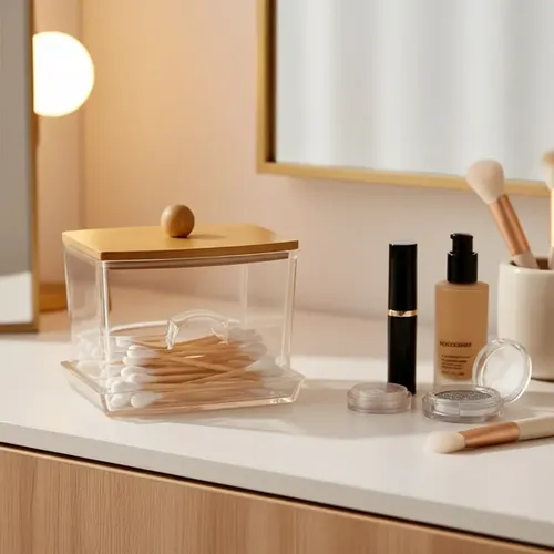 Organizador Acrílico Rectangular Tapa De Bambú Para Cotonete Color Blanco