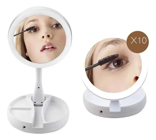 Espejo De Maquillaje Plegable Con Luz Led Con Zoom De Doble