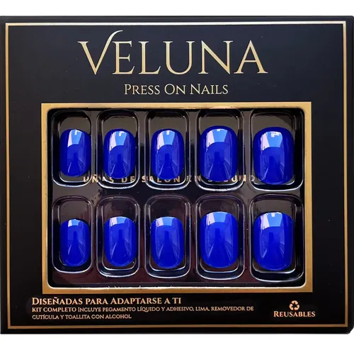 Uñas Postizas Press On Cortas Veluna Soft Gel Redondeadas Reutilizables – Azul