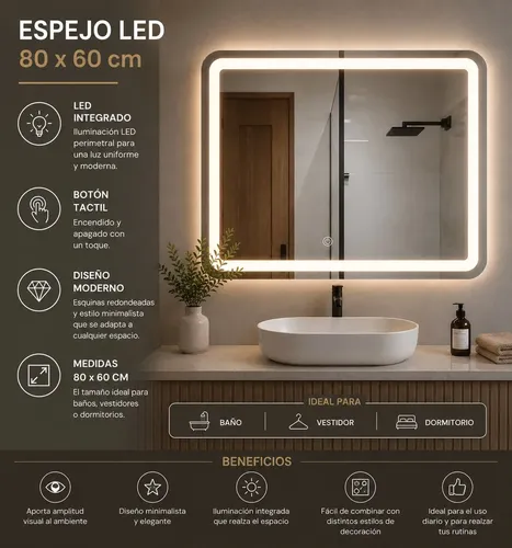 Espejo Led 60x80cm Botón Frontal Luz Calida Rectangular Baño