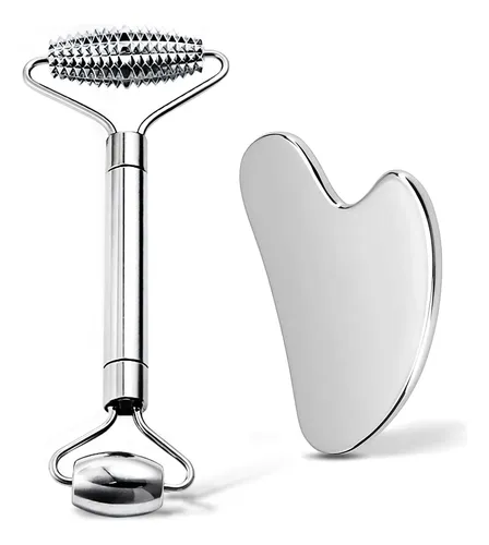 Set Gua Sha Y Rodillo Facial Acero Inoxidable 3 En 1