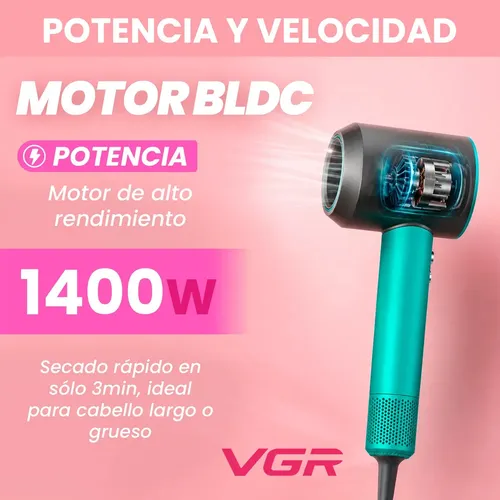 Secador Profesional VGR V-440 1400W BLDC Iónico Con Difusor Verde