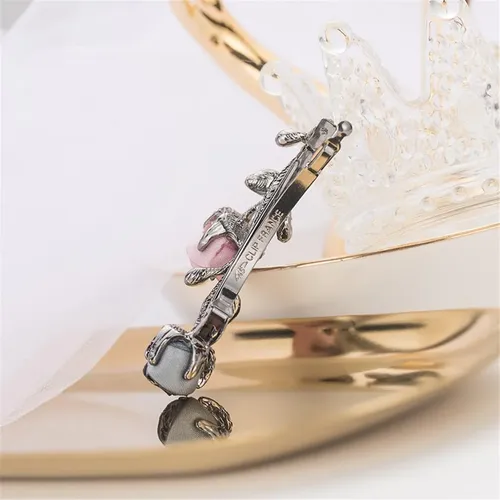Pinza De Pelo De Perlas Con Broche De Cristal, Negro Y Rosa