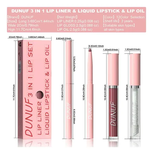 Set Labial 3 En 1 Dunuf Delineador Líquido Y Brillo