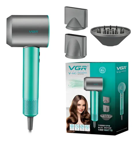 Secador Profesional VGR V-440 1400W BLDC Iónico Con Difusor Verde