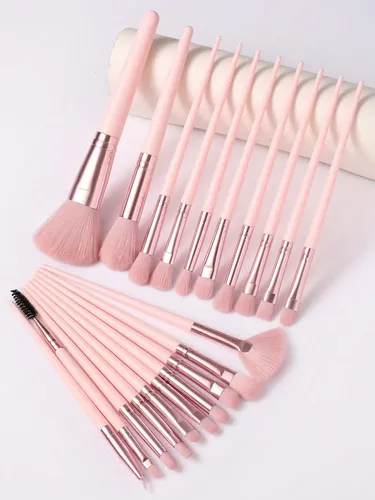 Bz Set 20 Brochas Maquillaje + Esponjas Y Cosmetiquera Rosa