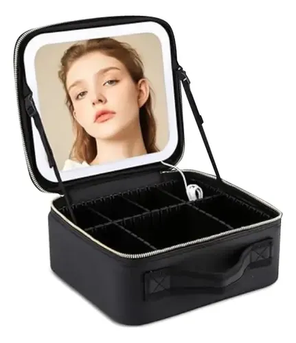 Maletín Para Maquillajes Con Luz Y Espejo Con Aumento 10x Color Negro