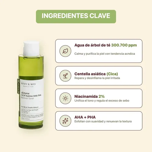 Tónico Facial Mary & May Cica Tea Tree AHA PHA Para Piel Grasa y Sensible 200 mL