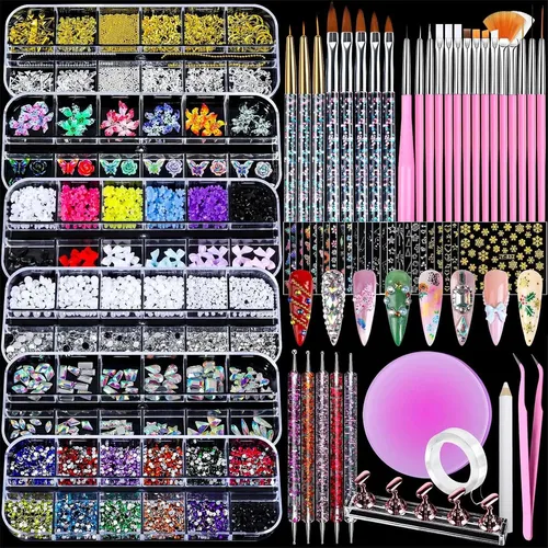 Kit De Uñas Rosa Con Strass 3d Y Pinceles Nail Art