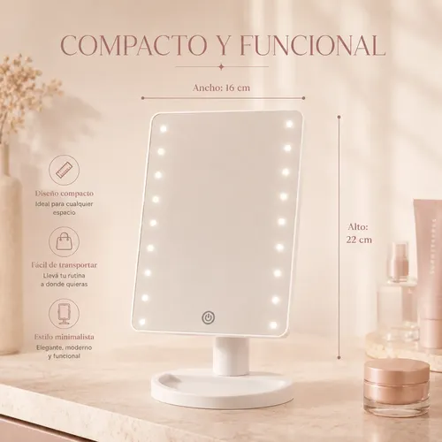 Espejo Maquillaje Con Luz Led Táctil Mesa Tocador 16 Leds