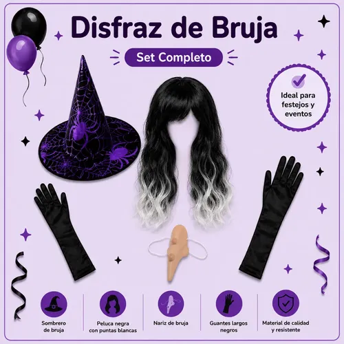 Set Disfraz Bruja Peluca Guantes Nariz Sombrero Halloween