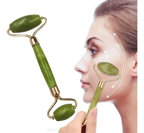 Masajeador Facial Rodillo Doble Jade Natural Verde Macarons Bazar 14 cm
