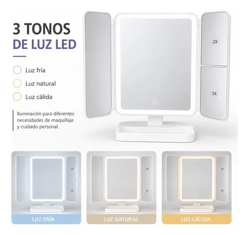 Espejo Maquillaje Con Aumento X2 X3 Luz Led 3 Tonos
