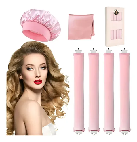 6pzs Curly Ondas En Cabello Rizos Sin Calor Tubo+gorro Satin