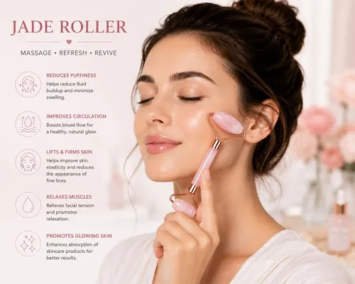 Set Rodillo Facial Y Gua Sha Cuarzo Rosa Masajeador