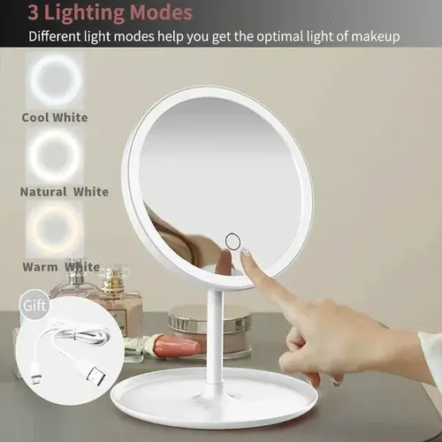 Espejo Maquillaje Portatil Touch Aro Luz Led Moderno Usb